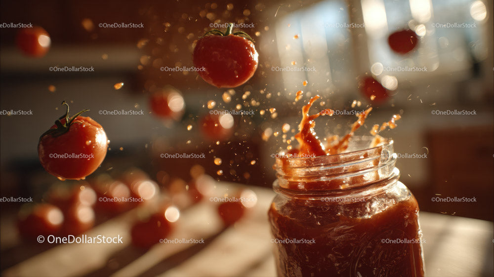 Fresh Tomatoes Falling Into Jar of Tomato Sauce in Kitchen