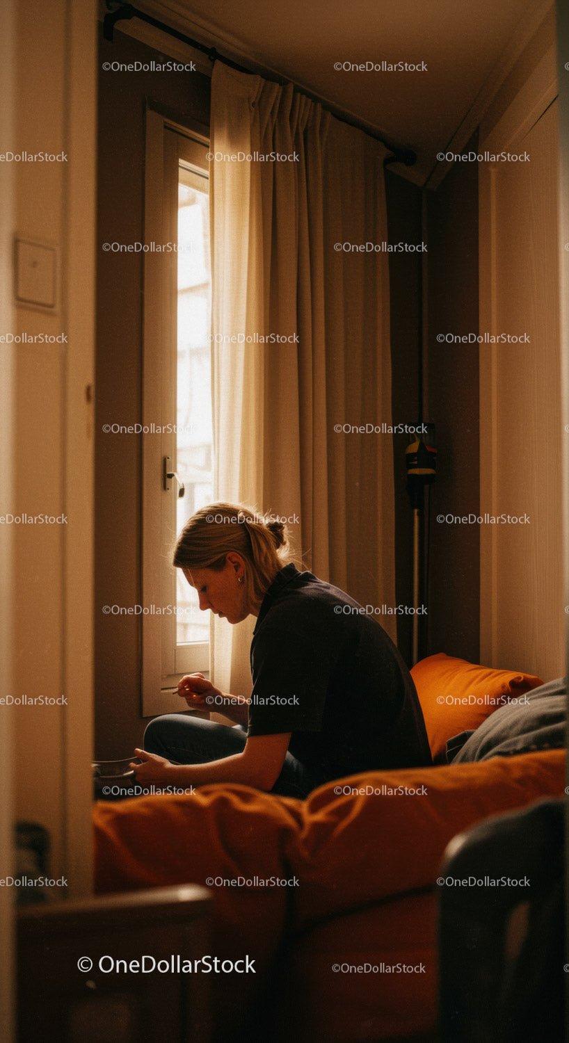 Contemplative woman relaxing by window in cozy bedroom with natural light