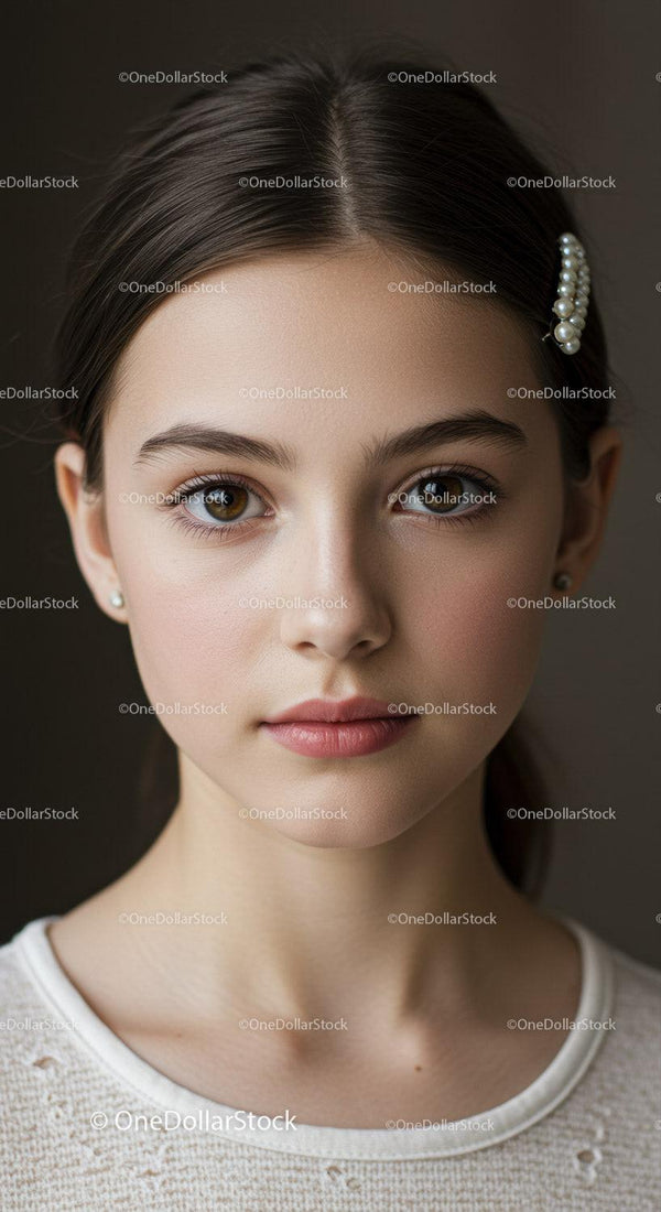 Portret młodej dziewczyny z perłową spinką i naturalnym makijażem