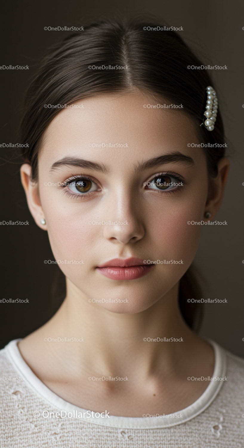 Young Girl Portrait with Pearl Hair Clip and Natural Makeup