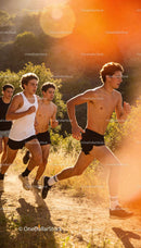 Young men running trail in warm golden sunlight