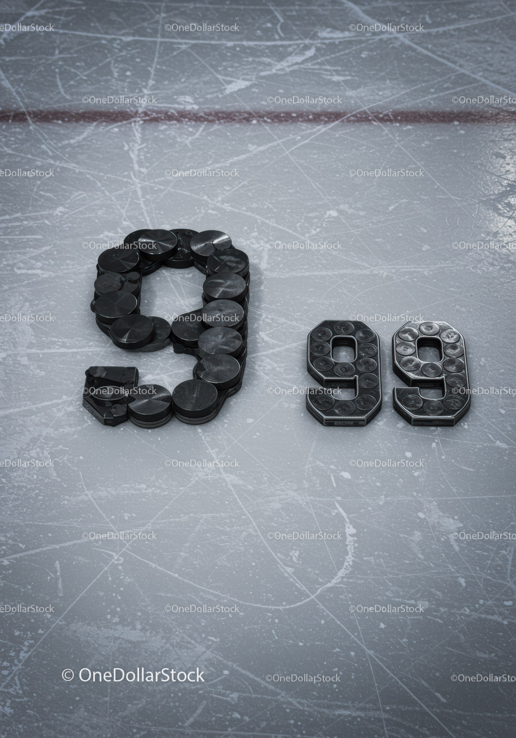 Hockey Pucks Arranged as Numbers on Ice Rink Surface