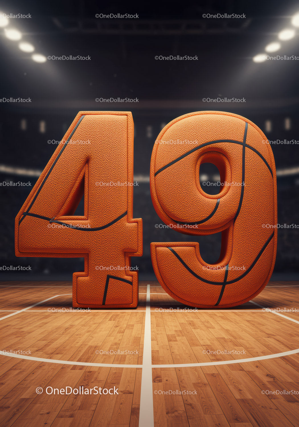Bold basketball styled number forty nine on court