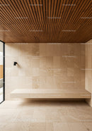 Modern Interior with Beige Marble Walls and Wooden Ceiling