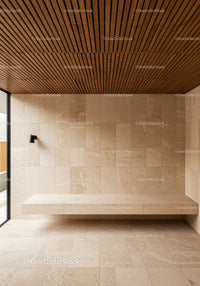 Modern Interior with Beige Marble Walls and Wooden Ceiling
