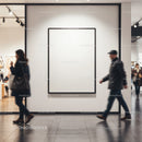People walking past blank gallery poster in art museum