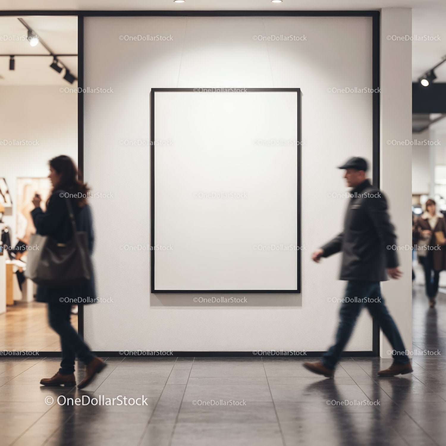 People walking past blank gallery poster in art museum