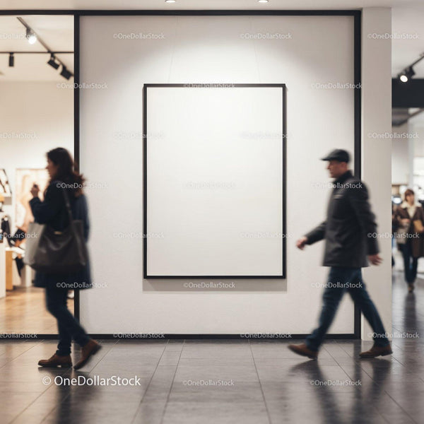 People walking past blank gallery poster in art museum JPG Mockup Image