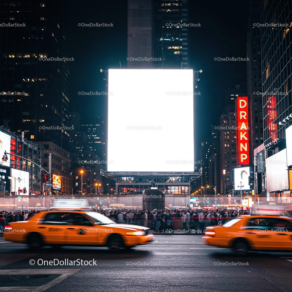 Zatłoczona miejska ulica z żółtymi taksówkami i podświetlonym billboardem