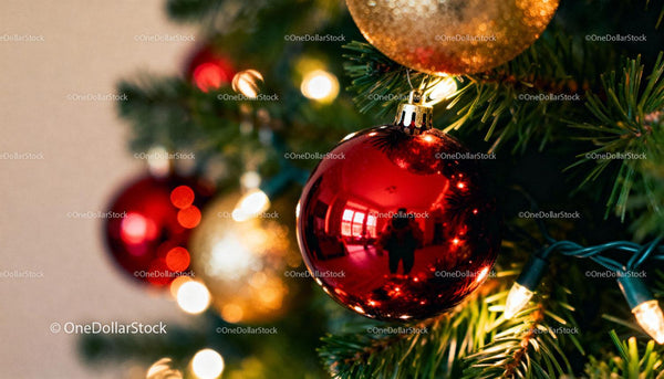 Close-up of Shiny Christmas Tree Decorations and Lights
