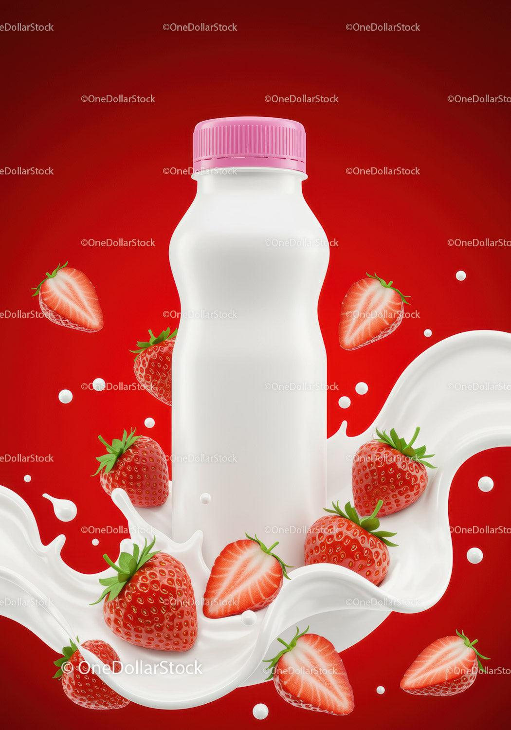 Strawberries and milk splashing around plastic bottle