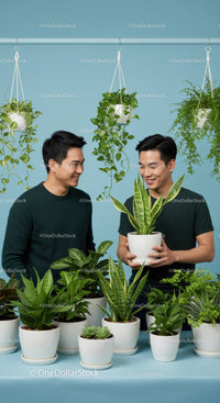 Two men enjoying greenery with indoor potted plants