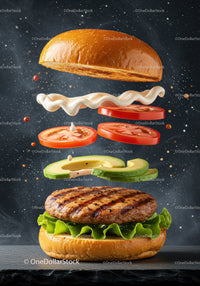 Deconstructed grilled burger with fresh vegetables and sauce