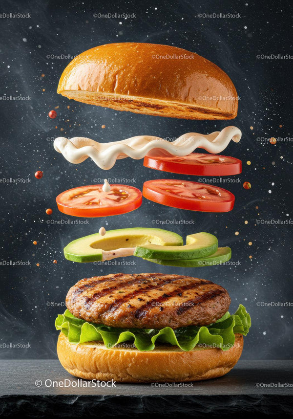 Deconstructed grilled burger with fresh vegetables and sauce