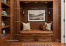 Warm Rustic Wooden Nook with Leather Bench and Mountain Art