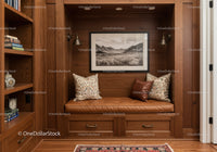 Warm Rustic Wooden Nook with Leather Bench and Mountain Art