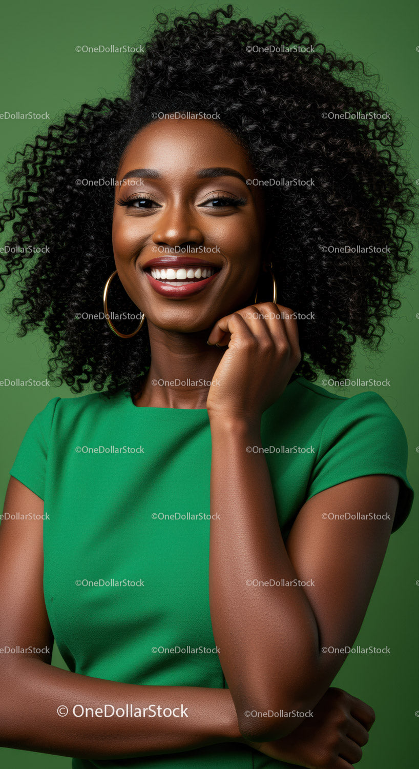 Stunning Smiling Woman with Curly Hair in Green Dress for Stock Photography