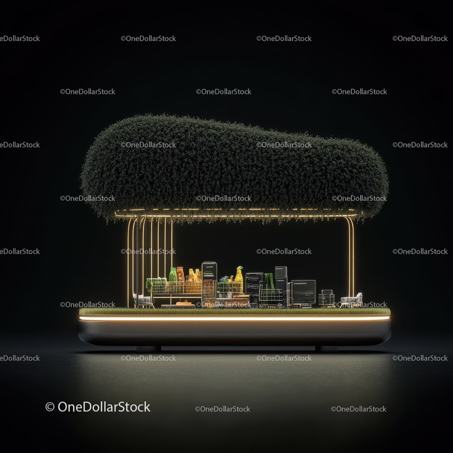 Futuristic Digital Market Stall with Floating Shelves and Lighting
