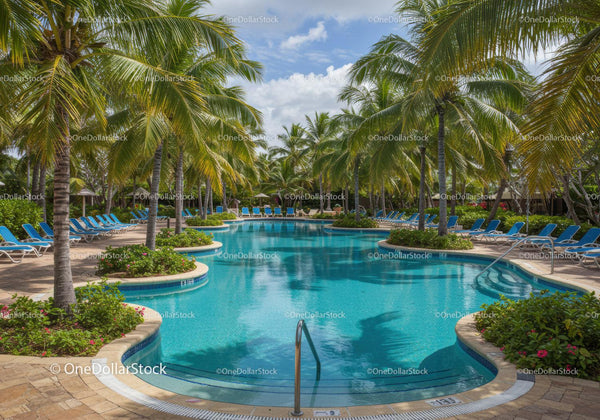 Luxury Tropical Pool with Palm Trees and Sun Loungers