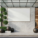 Modern urban facade with blank marble wall and greenery