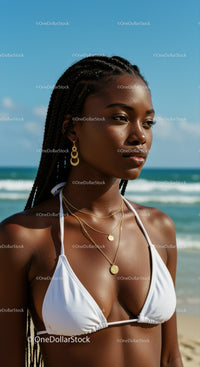 African American Woman with Dreadlocks in White Bikini by Ocean