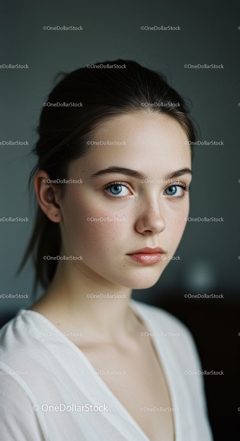 Portrait of a Young Woman with Blue Eyes and Clear Skin