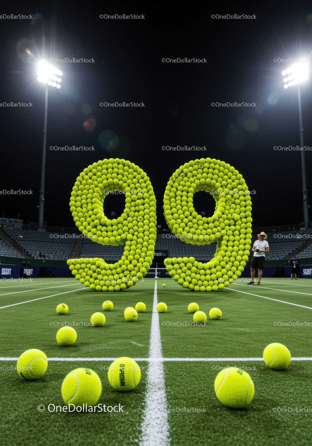Numbers 99 formed with tennis balls on court