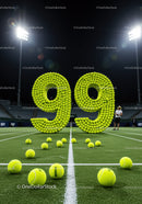 Numbers 99 formed with tennis balls on court