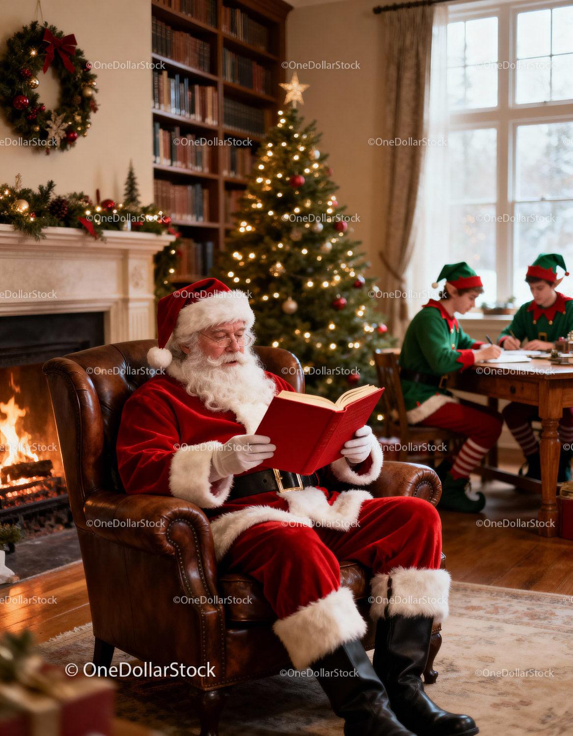 Santa Claus Relaxing in Armchair with Two Busy Elves