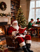 Santa Claus Relaxing in Armchair with Two Busy Elves