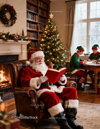 Santa Claus Relaxing in Armchair with Two Busy Elves