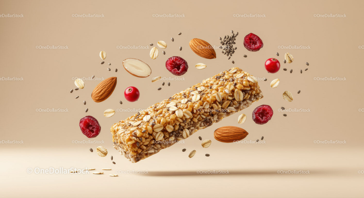 Healthy granola bar with nuts and berries ingredients