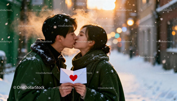 Couple Sharing a Tender Kiss in Snowy Winter Evening
