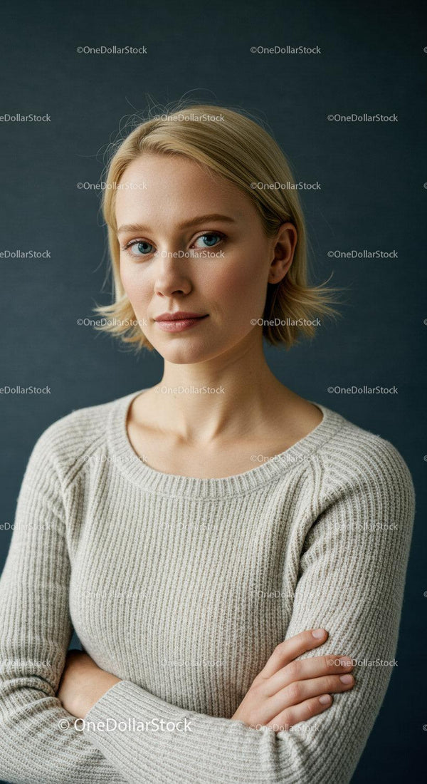 Young Woman Portrait with Blonde Hair and Blue Eyes in Casual Sweater