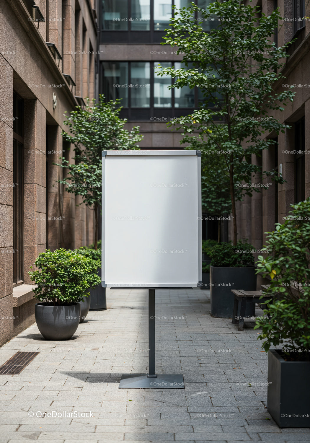 Blank whiteboard in modern urban courtyard with plants