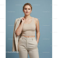 Elegant Woman in Beige Crop Top and Trousers Holding Blazer