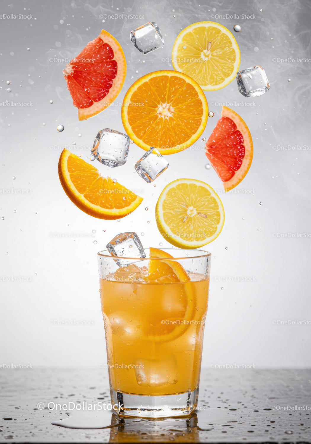Refreshing Citrus Drink with Ice and Floating Fruits