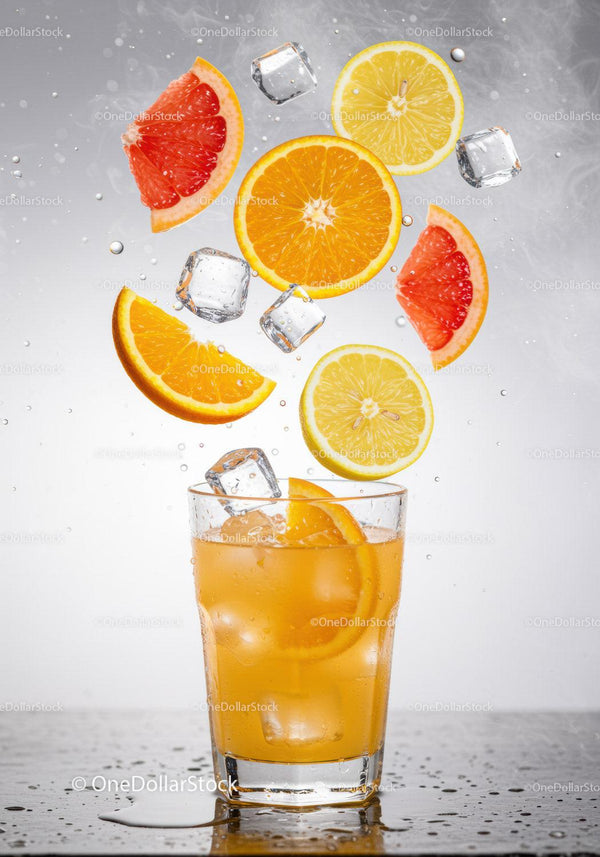 Refreshing Citrus Drink with Ice and Floating Fruits