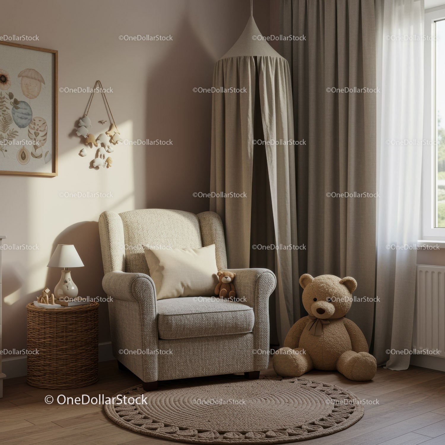 Cozy neutral nursery corner with armchair and teddy bears