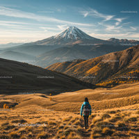 Majestic Mountain Peak with Hiker Amid Golden Autumn Hills