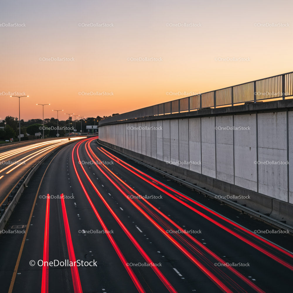 City Highway with Light Trails During Sunset in Urban Environment