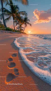Scenic Tropical Beach Sunset with Palm Trees and Ocean Waves