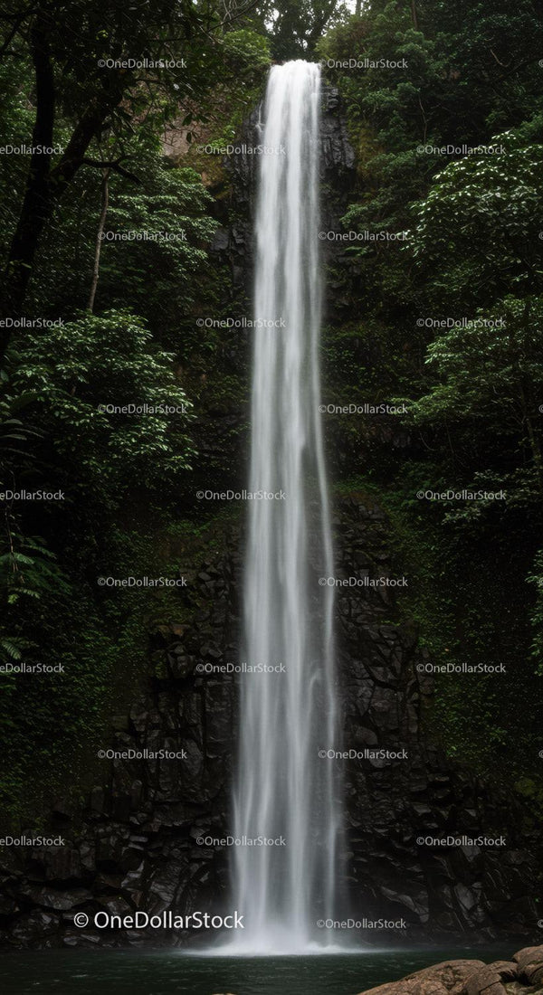 Tall waterfall cascading through dense green forest