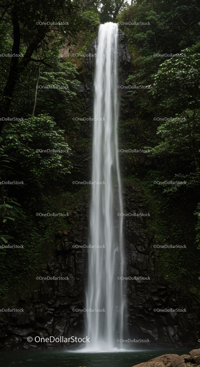 Tall waterfall cascading through dense green forest