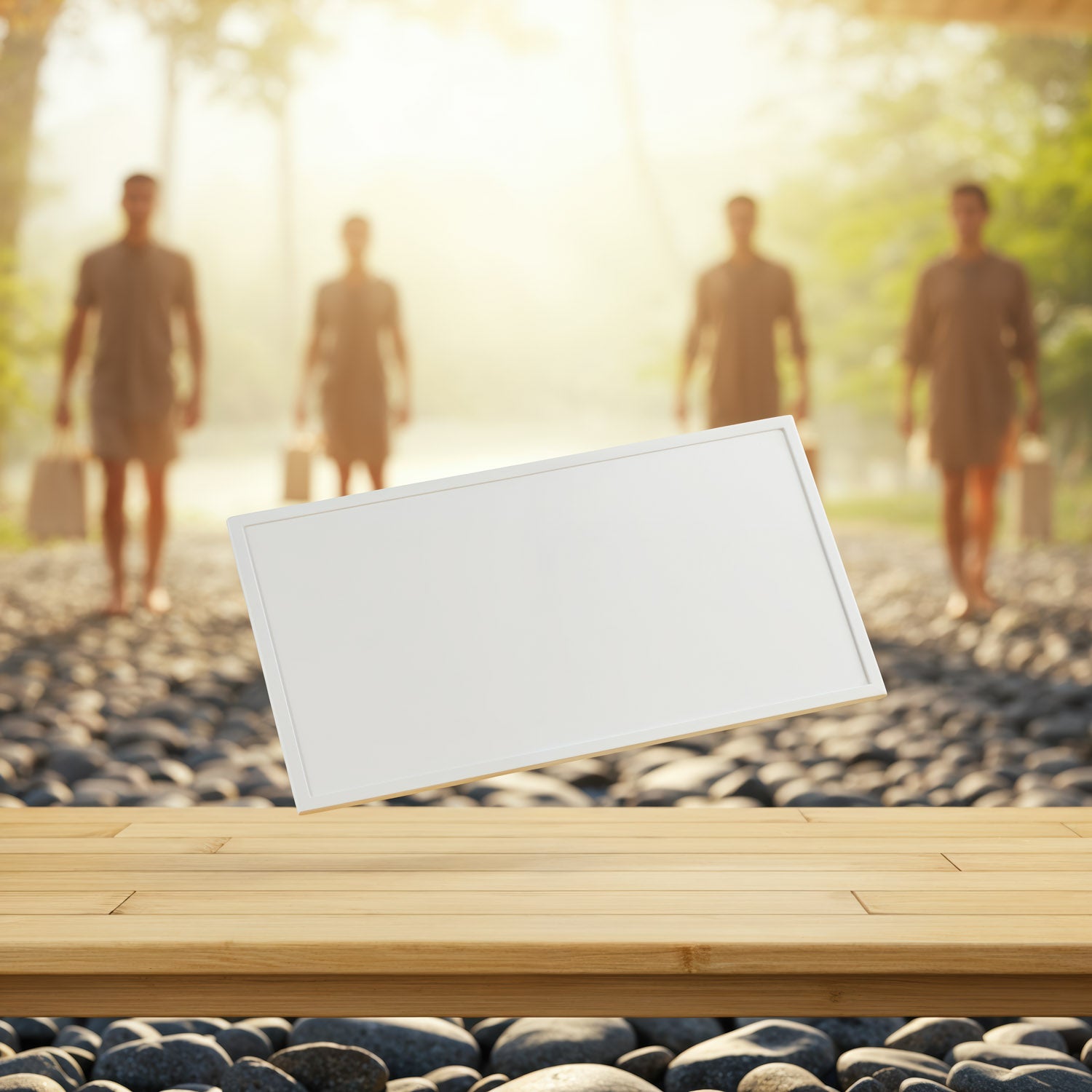 Blank white mockup board floating over wooden table outdoors
