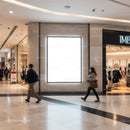 Busy shopping mall corridor with illuminated blank billboard