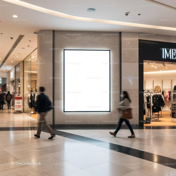 Busy shopping mall corridor with illuminated blank billboard JPG Mockup Image