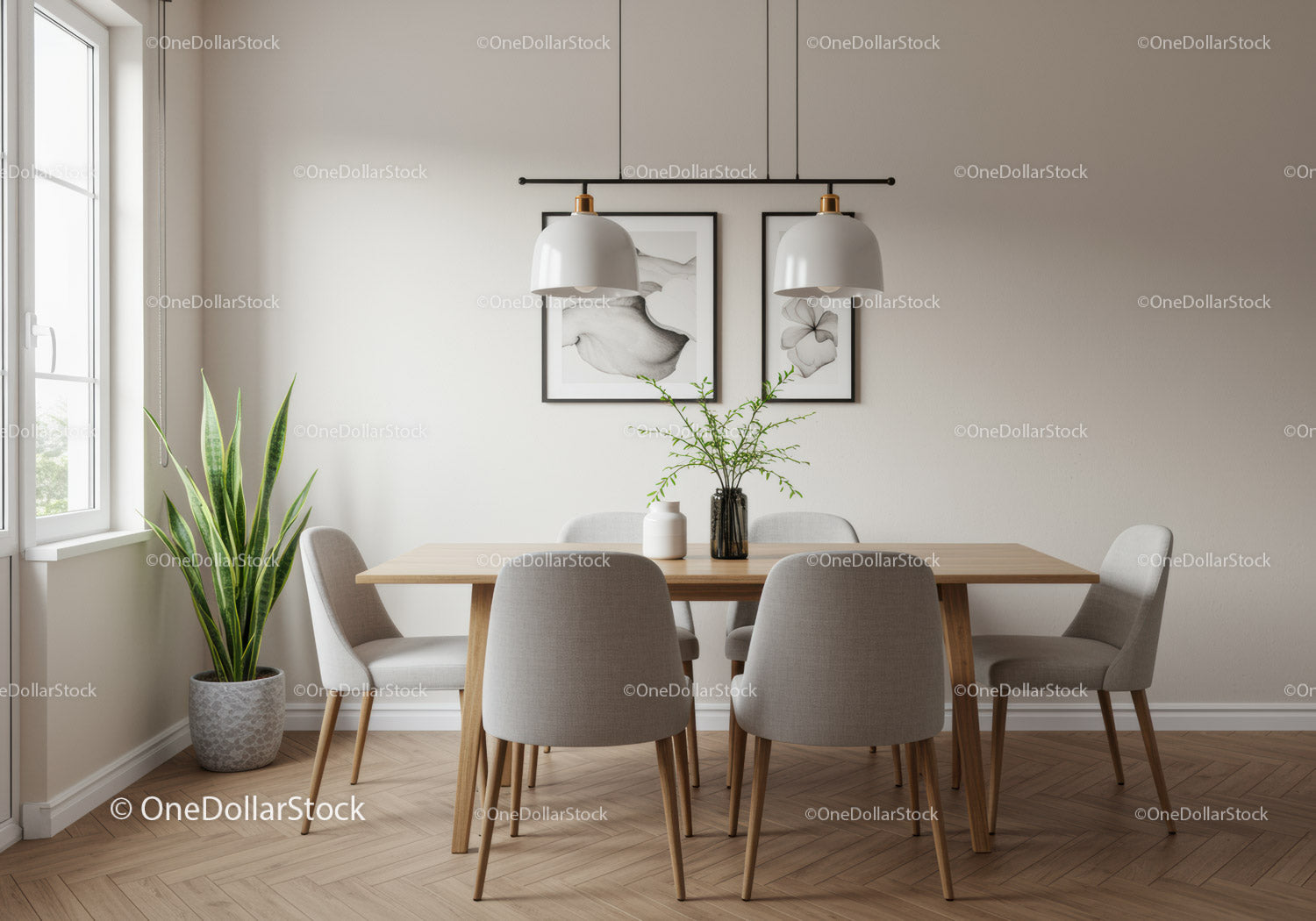 Contemporary Dining Room with Wooden Table and Green Plant