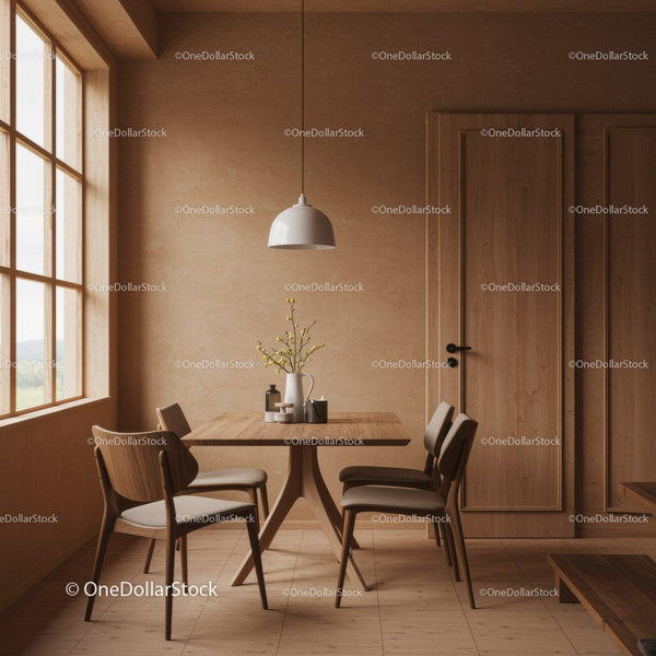 Warm Wooden Interior with Modern Dining Table and Minimalist Decor