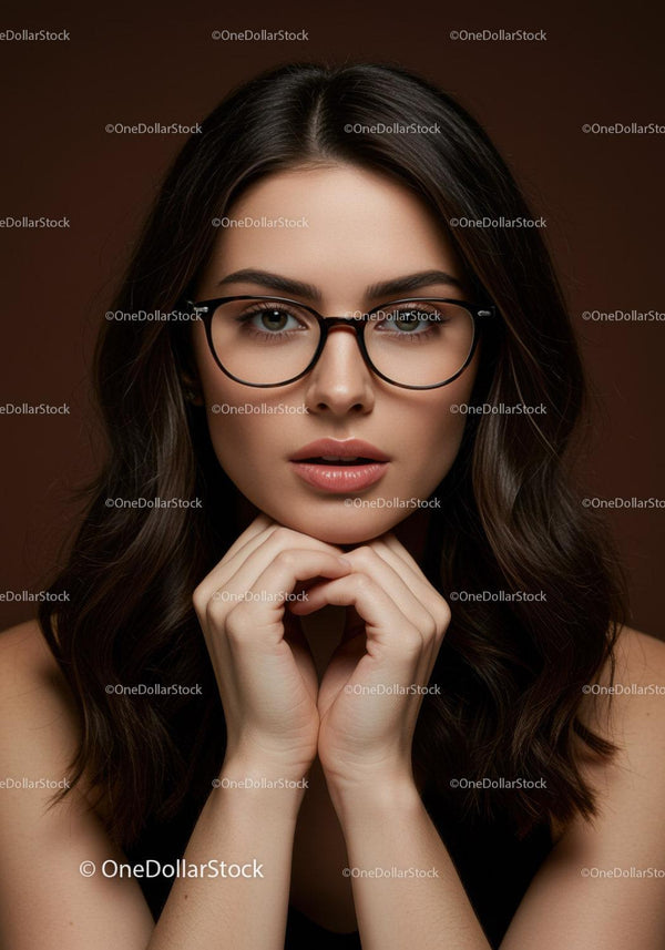 Elegancka młoda kobieta w czarnych okularach i brązowych włosach w studio